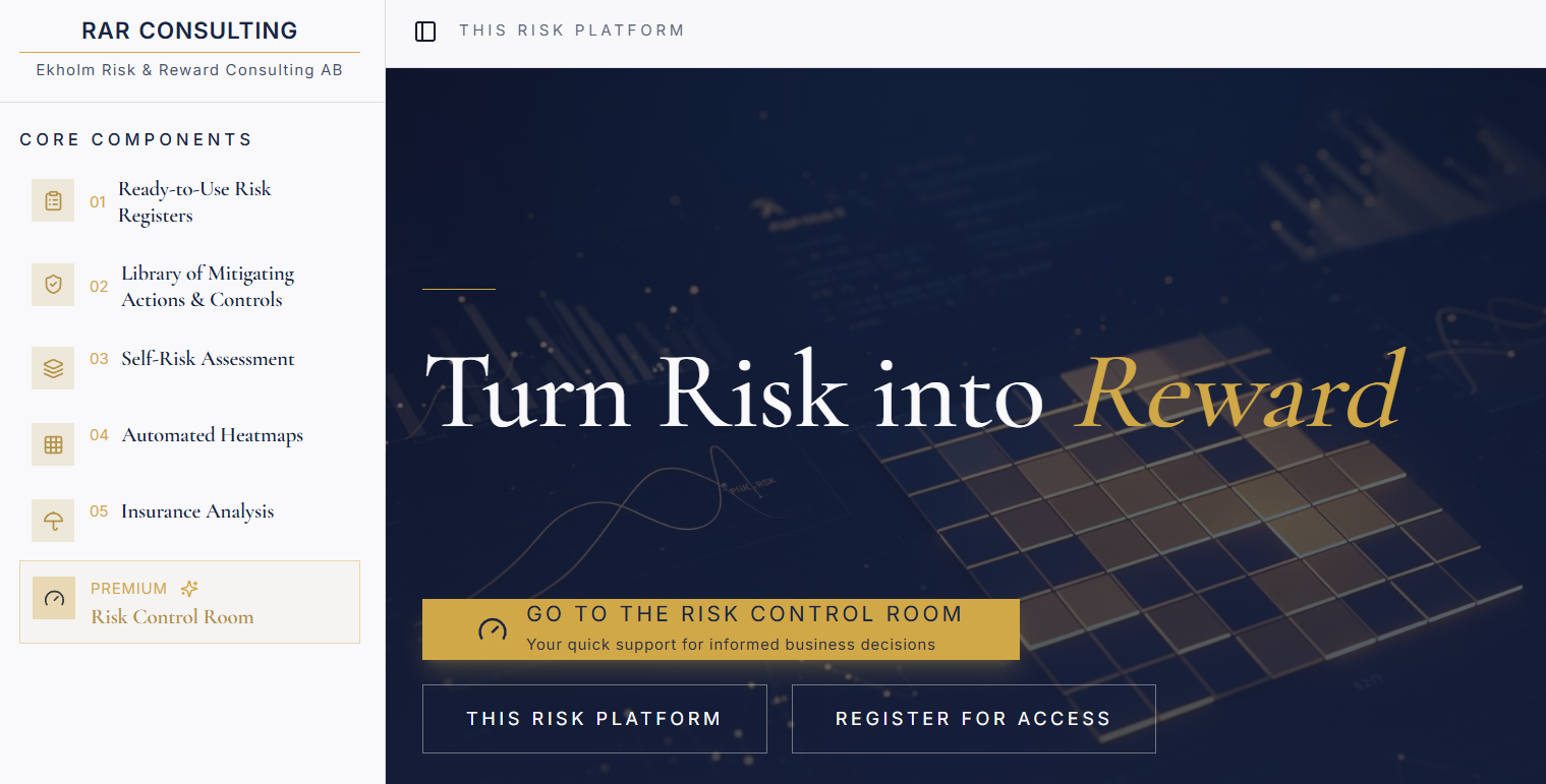 Preview of the RAR Consulting risk platform interface, showing the core components navigation and the risk control room entry point